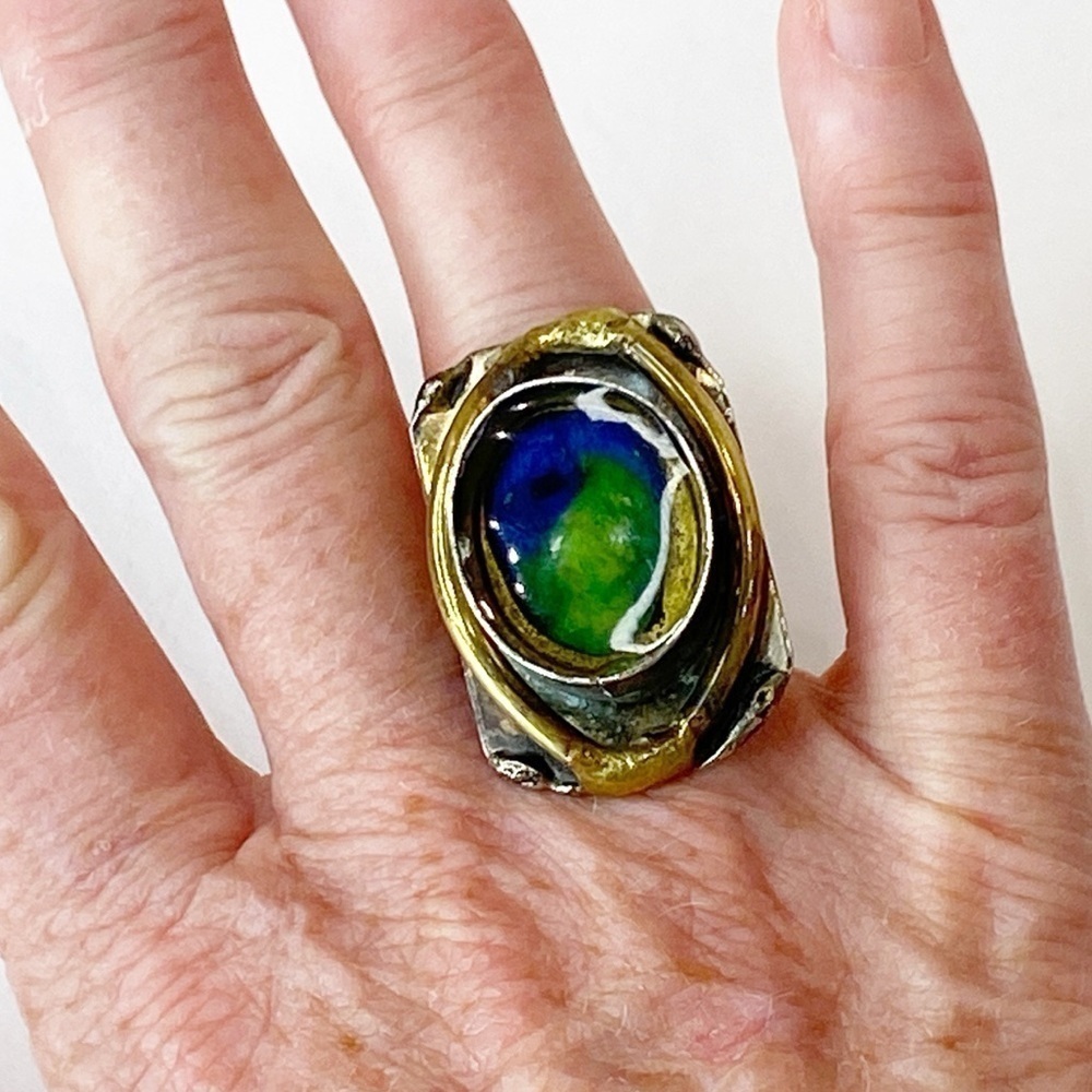 Vintage Latappy French Brutalist Mixed Metal Resin Statement Ring Adjustable HTF